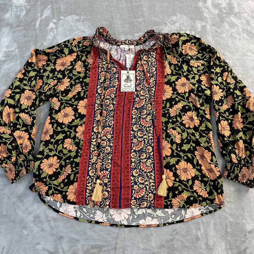 Easel Blouse Womens Medium Multicolor Floral Tassel Boho Peasant Tunic Top NWT